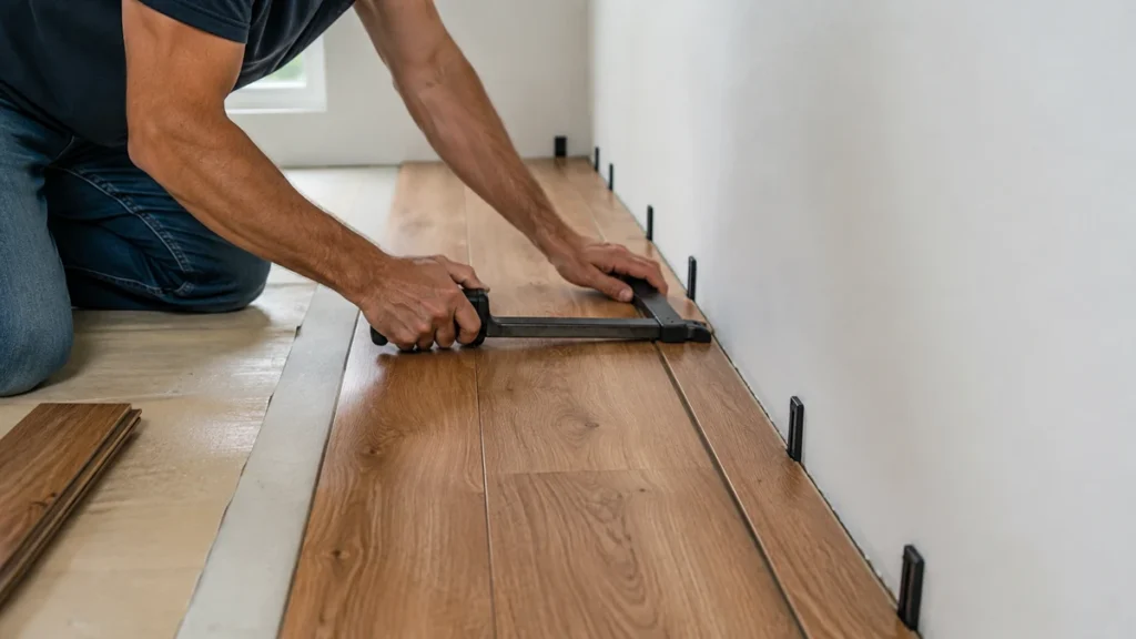 Installer using a pull bar to fit the final engineered wood flooring row beside the wall