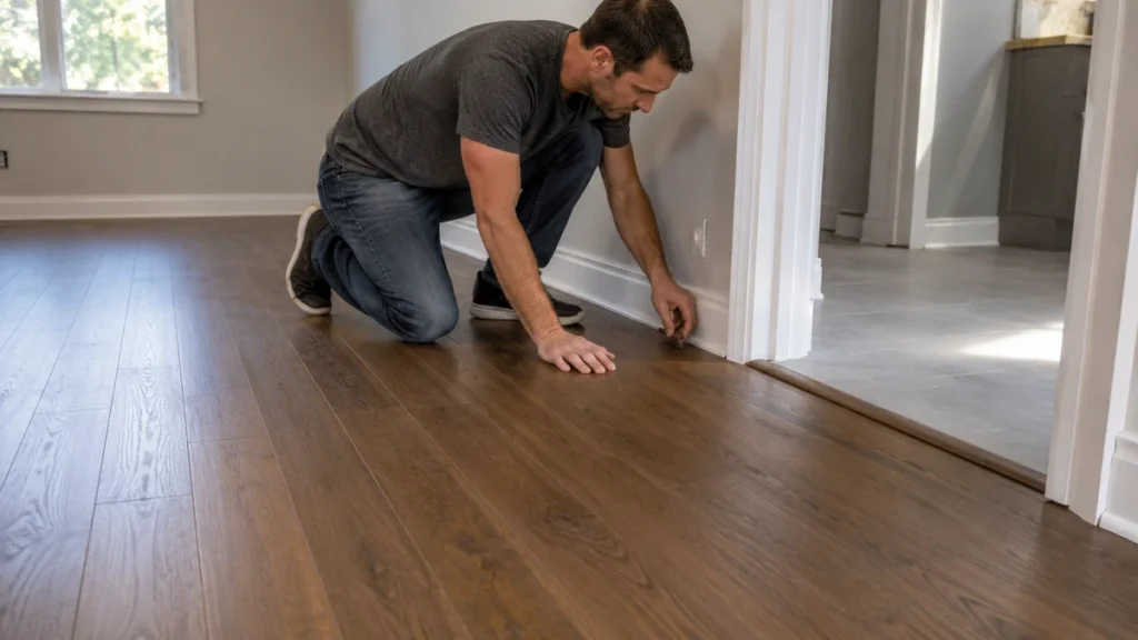 Installer finishing an engineered wood floor with a doorway transition profile