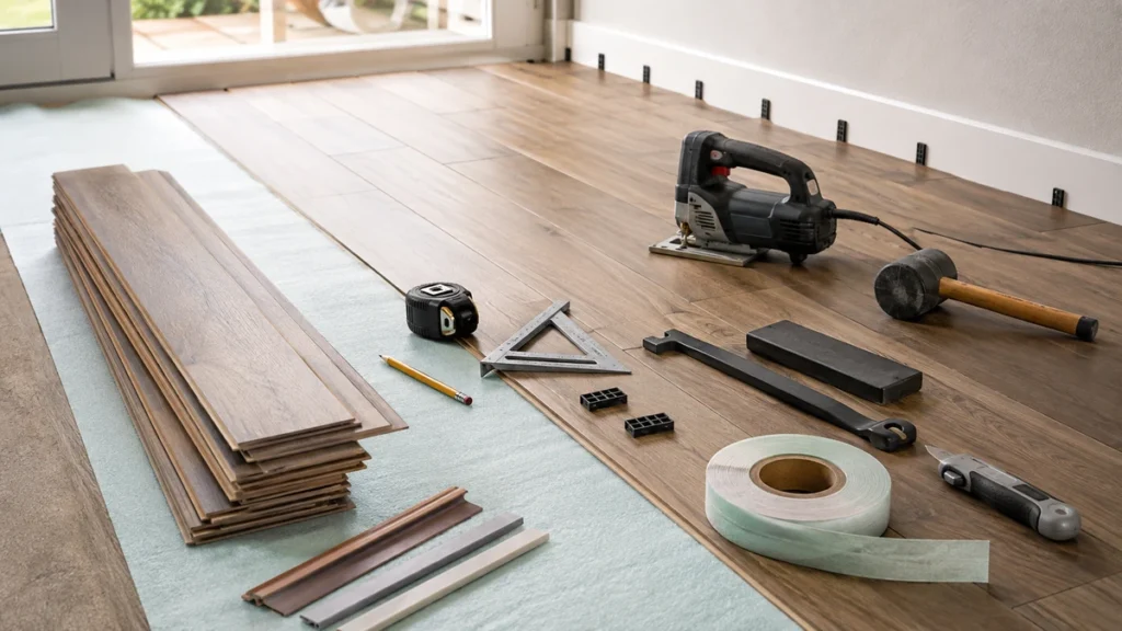 Engineered wood planks, underlay, spacers and flooring installation tools arranged in a room