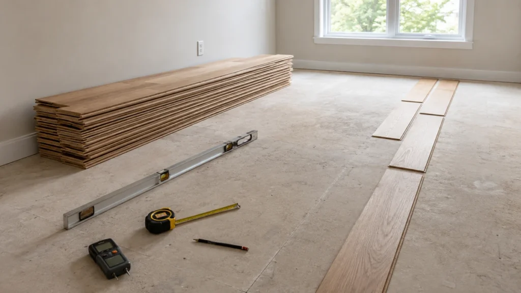 Engineered wood planks acclimating beside tools used to measure and inspect the subfloor