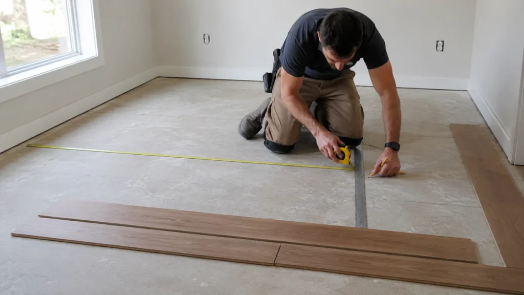 Installer measuring the room and planning the first and final engineered wood flooring rows