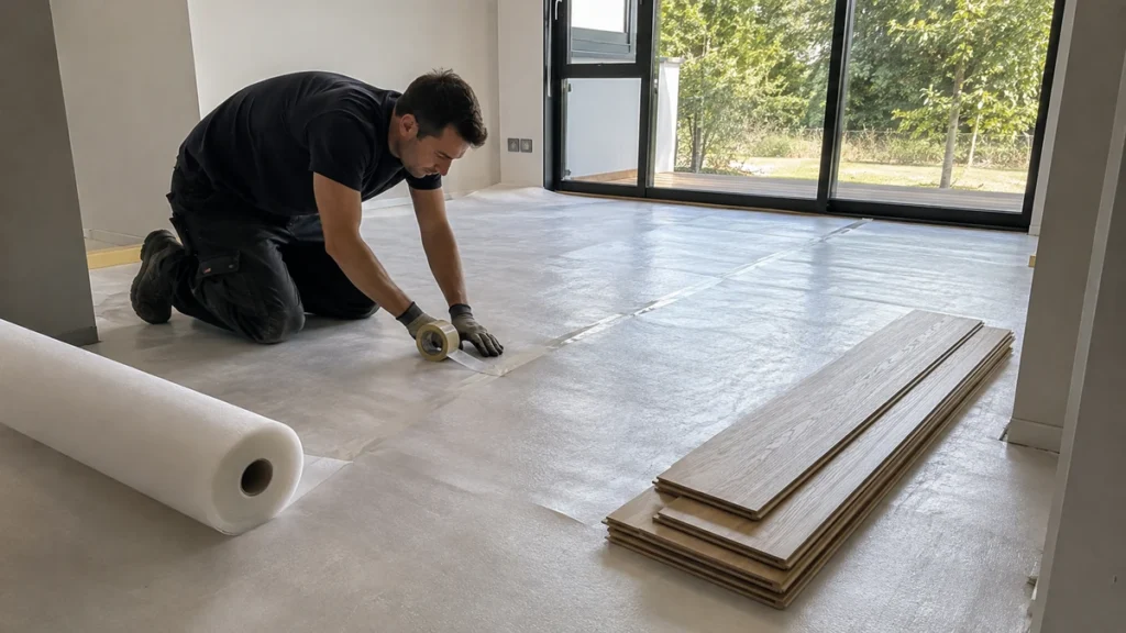 Installer taping underlay seams before laying floating engineered hardwood flooring