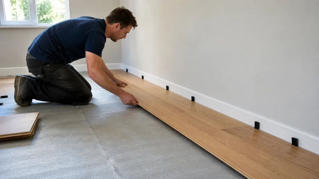 Installer aligning the first row of engineered wood planks with expansion spacers along the wall