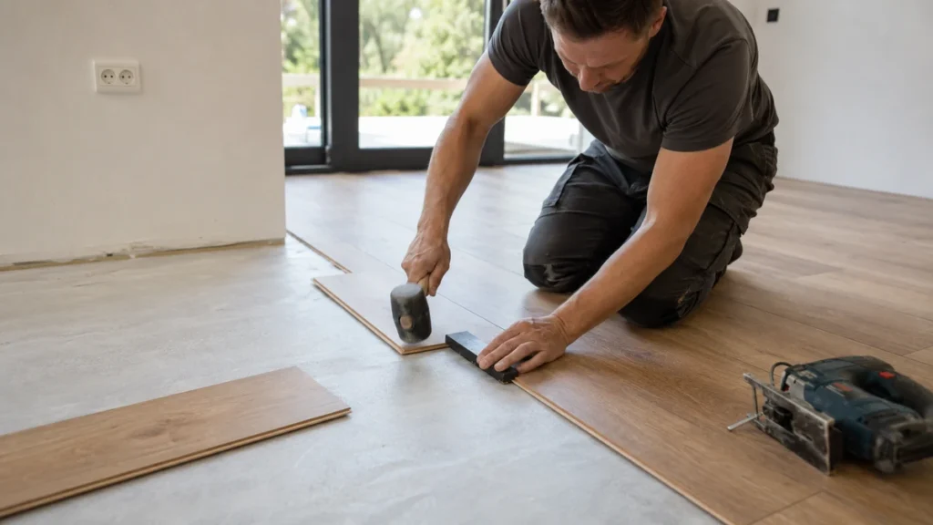Installer connecting engineered wood boards with a tapping block and rubber mallet