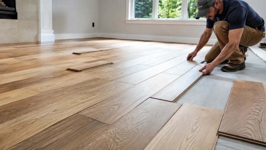 Engineered hardwood planks arranged with staggered end joints during floating floor installation