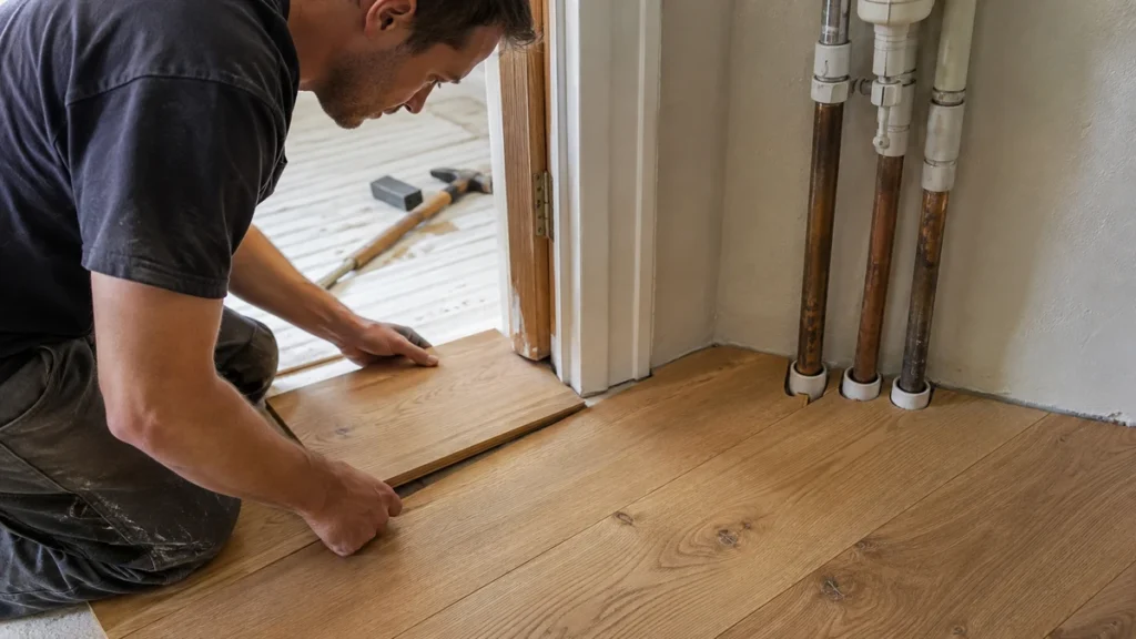 Installer fitting engineered wood flooring around a door frame and exposed pipes