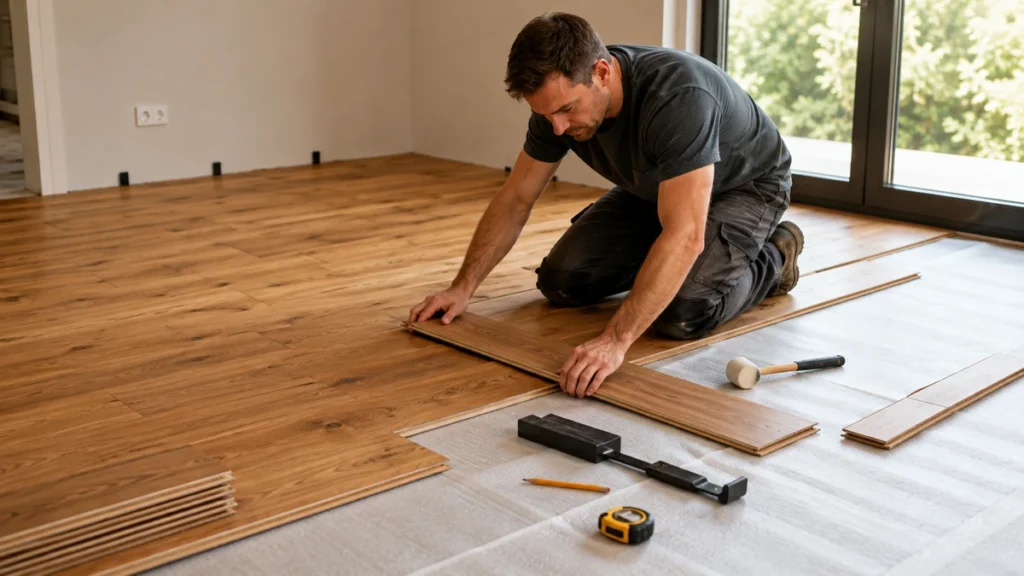 Installer fitting click-lock engineered hardwood flooring over underlay in a modern room