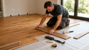 Installer fitting click-lock engineered hardwood flooring over underlay in a modern room