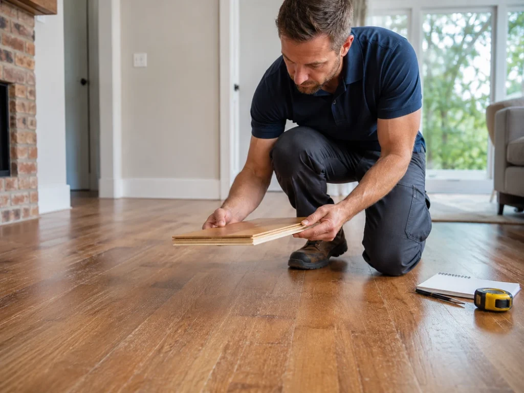 Professional inspecting engineered wood flooring before refinishing