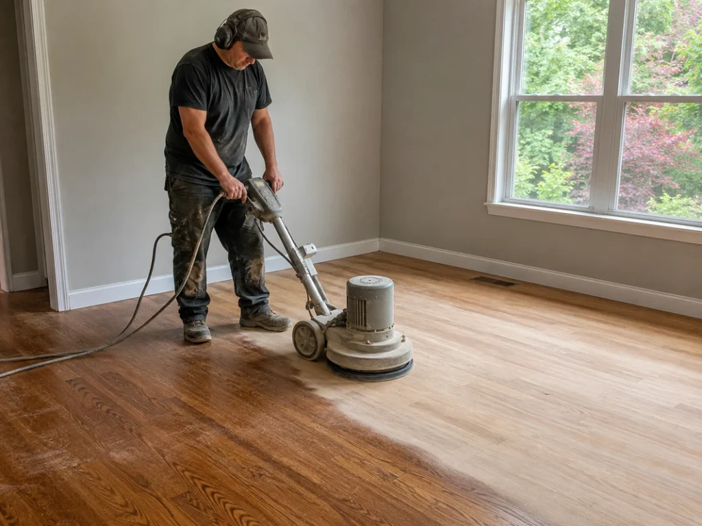 Carefully sanding engineered wood flooring with a floor sander