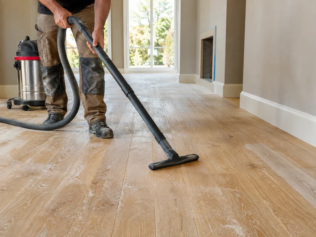 Vacuuming sanding dust from engineered wood floors before finishing