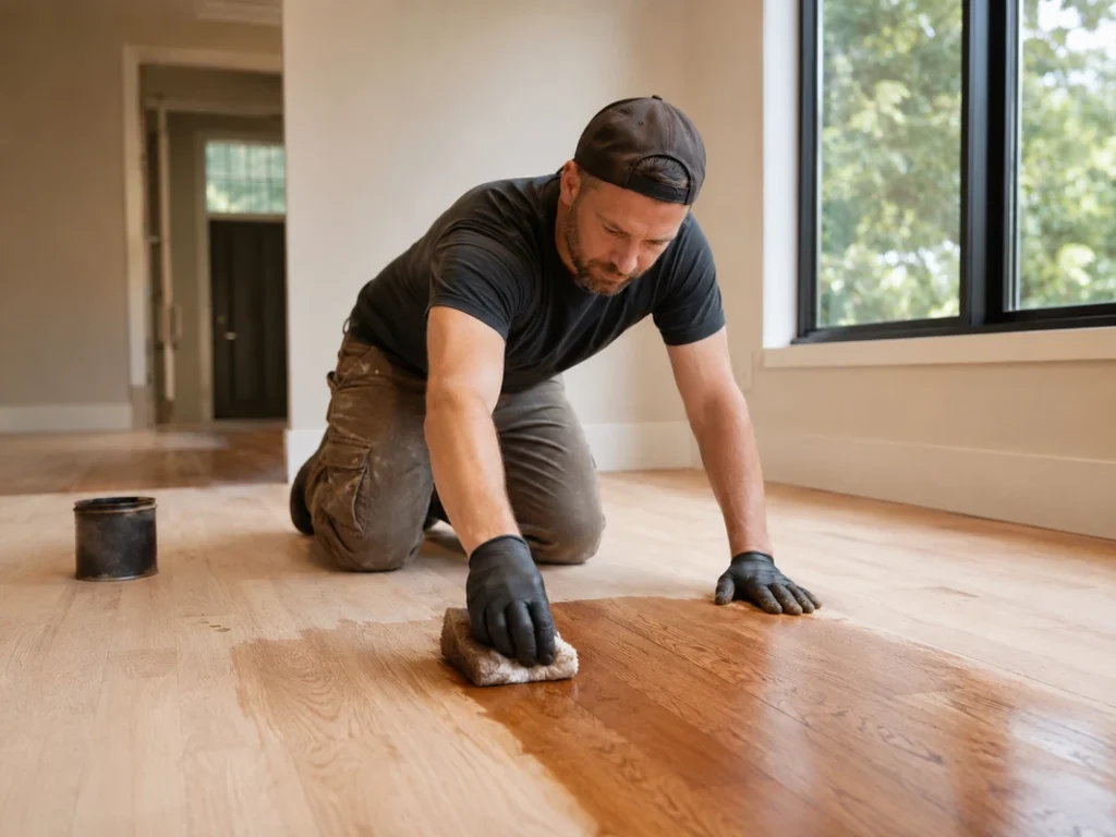 Applying wood stain to a prepared engineered wood floor