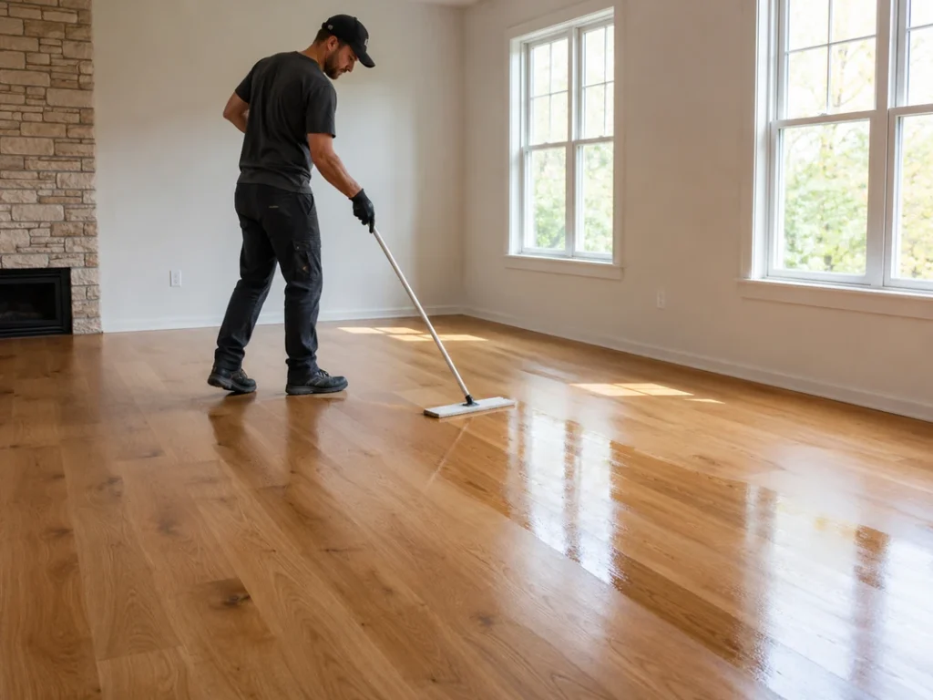 Applying a protective finish to refinished engineered wood flooring