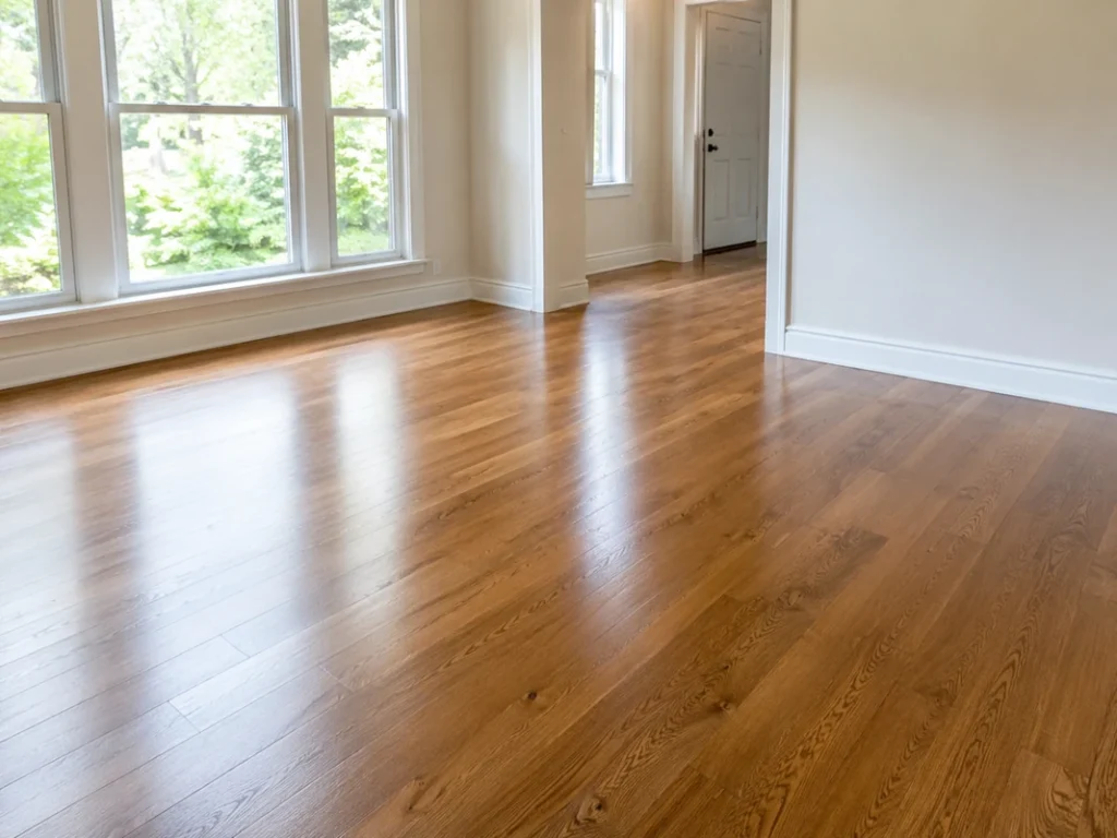 Freshly refinished engineered wood floor curing in an empty room