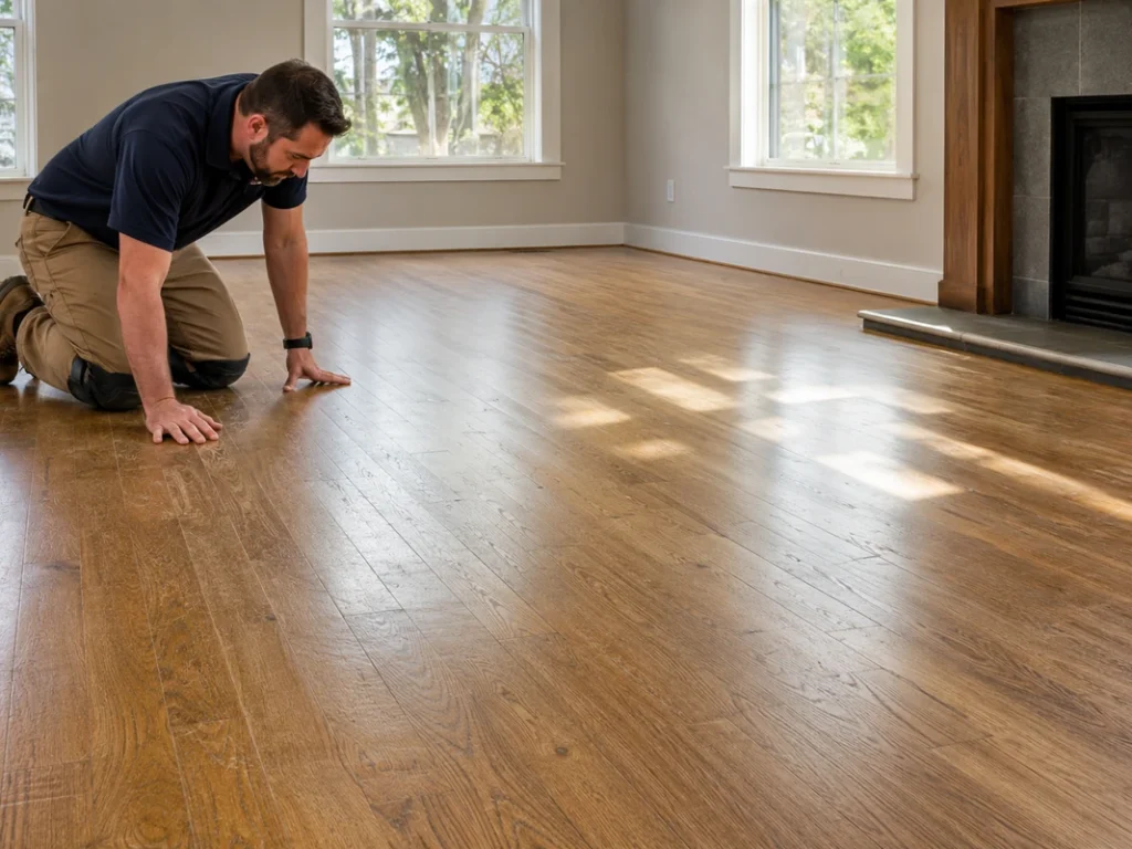 Inspecting scratched and worn engineered wood flooring before refinishing