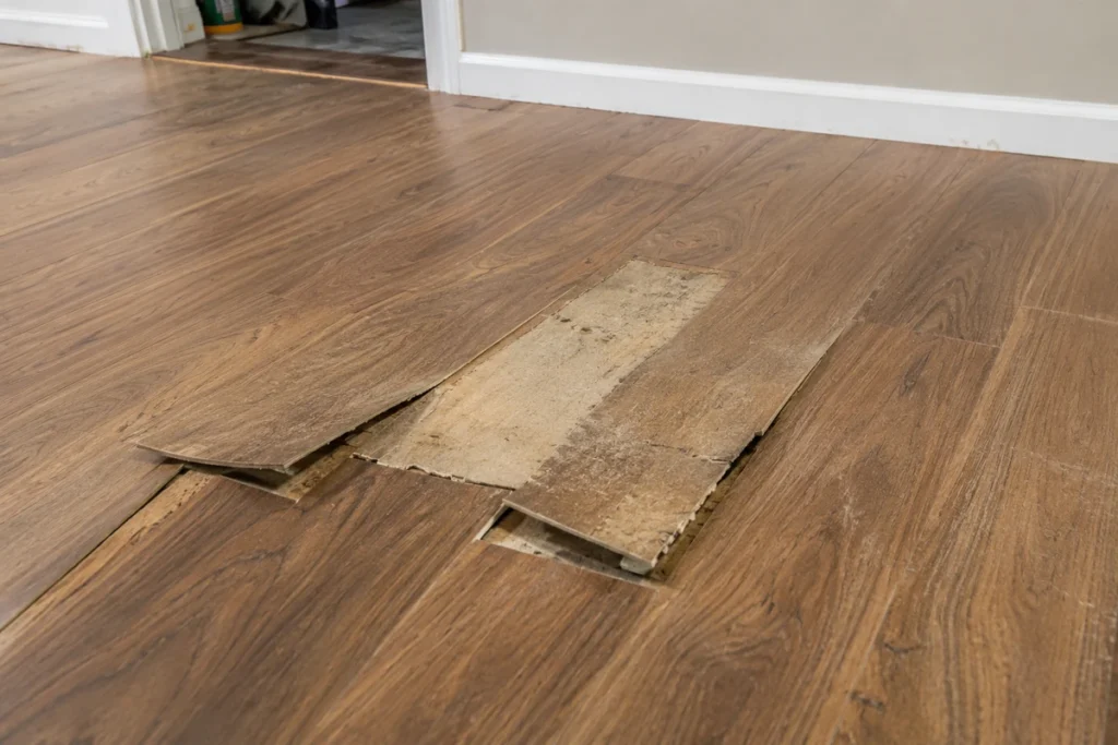 Severely damaged engineered wood flooring with lifted and broken boards