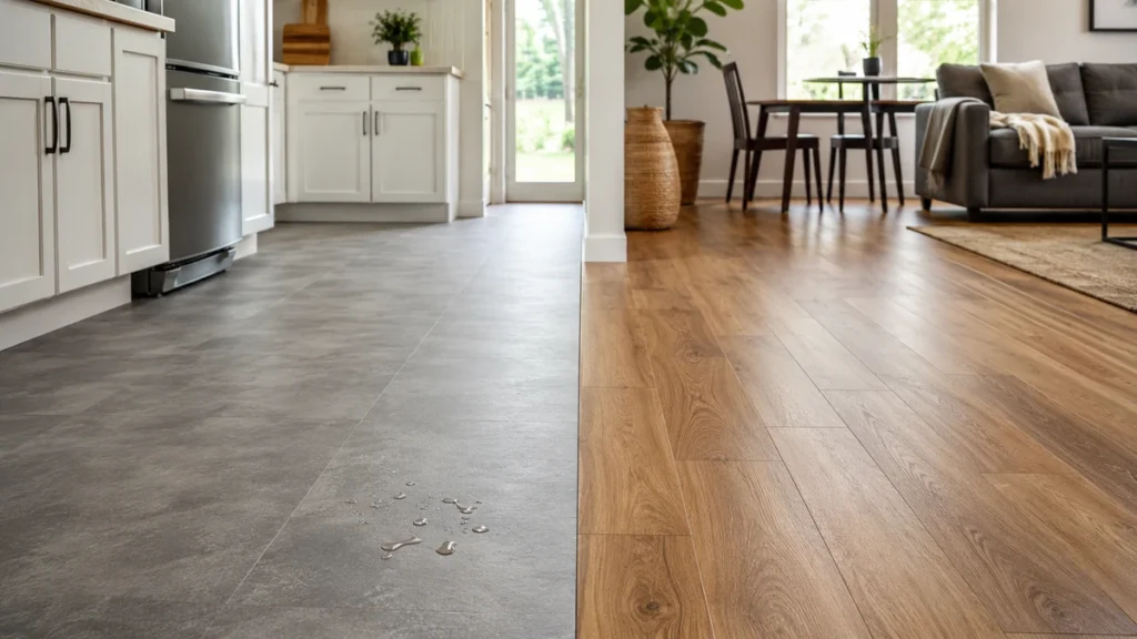 Vinyl and laminate flooring compared side by side in a modern home