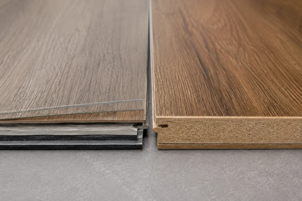 Vinyl and laminate flooring samples showing different core constructions