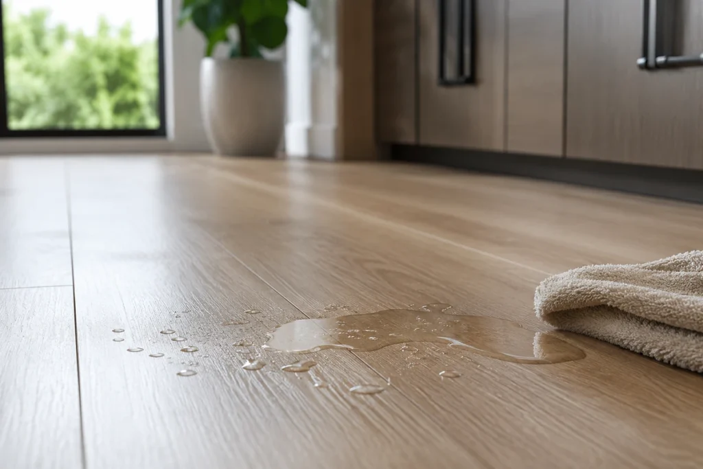 Water spill on wood-look vinyl flooring showing moisture resistance