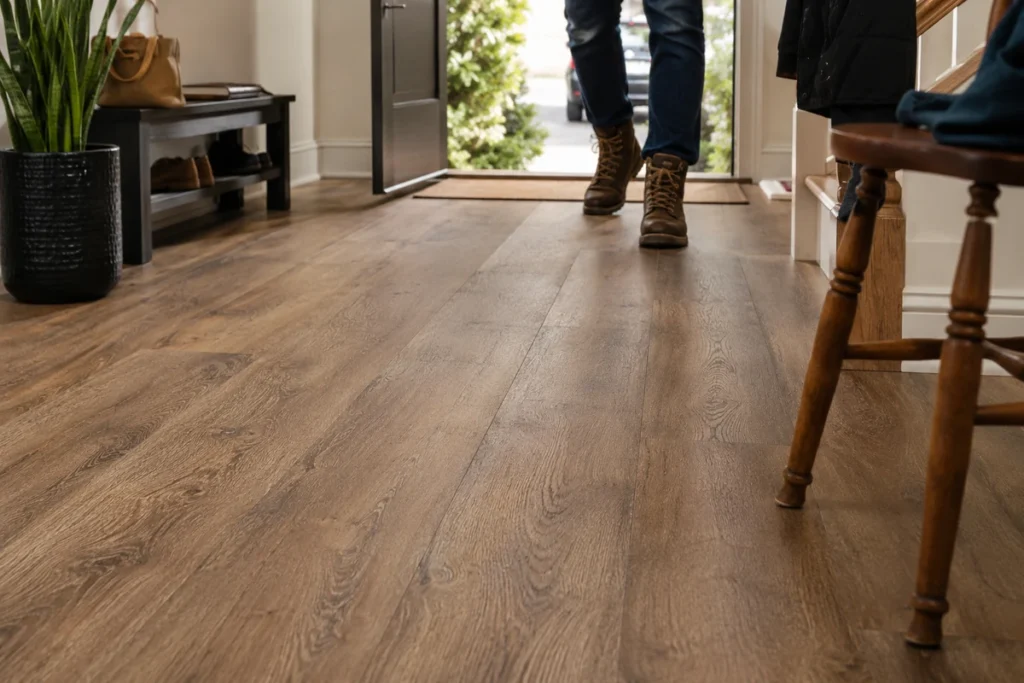 Wood-look flooring in a busy hallway exposed to heavy foot traffic