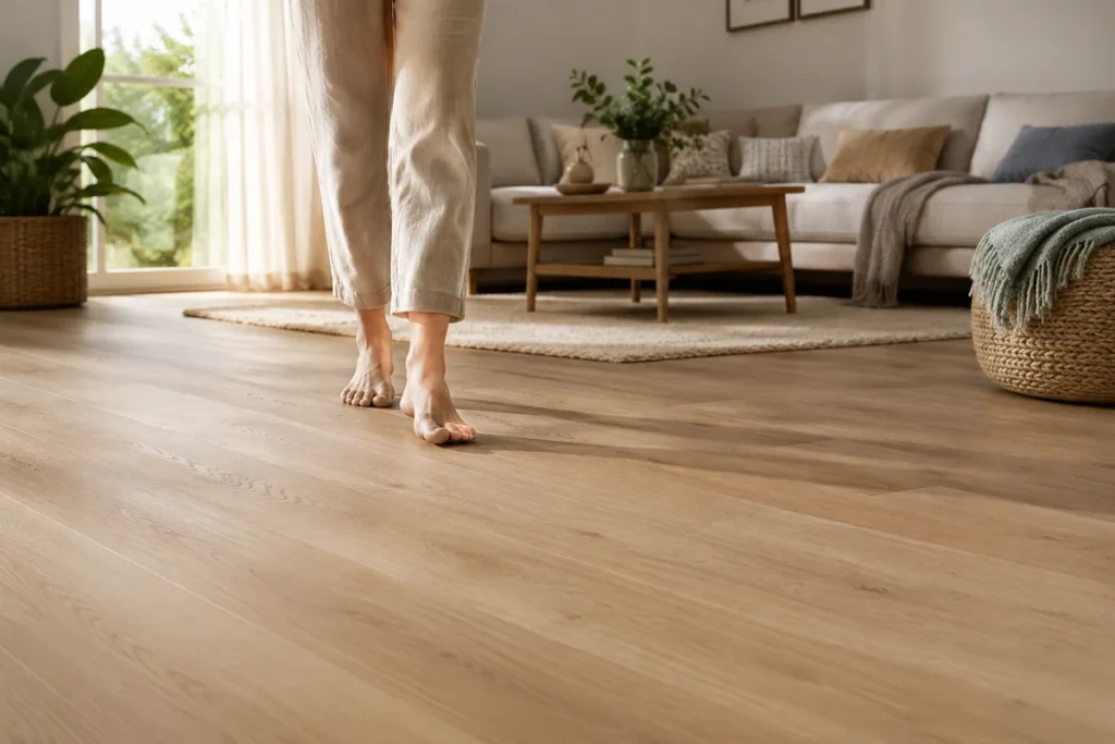 Person walking barefoot on wood-look flooring in a comfortable living room