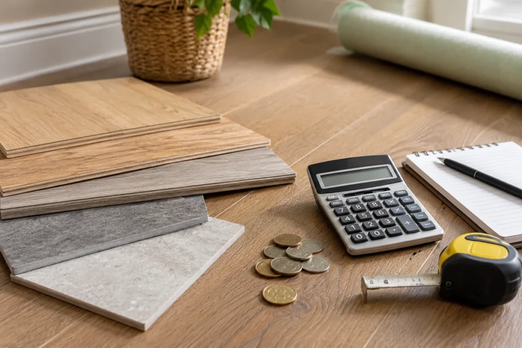 Flooring samples with calculator and coins for comparing flooring costs
