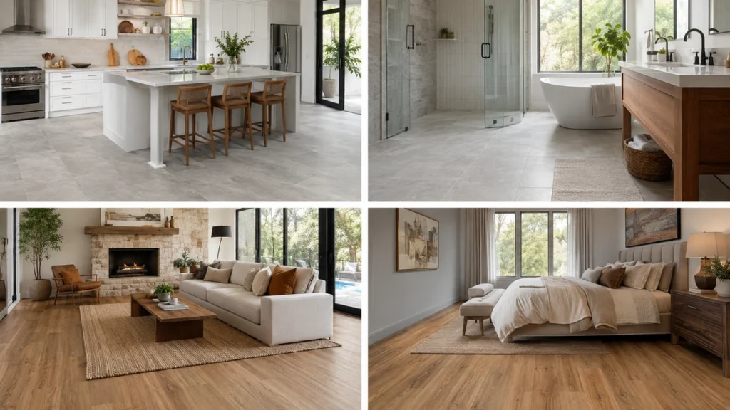 Different flooring choices shown across kitchen, bathroom, living room and bedroom
