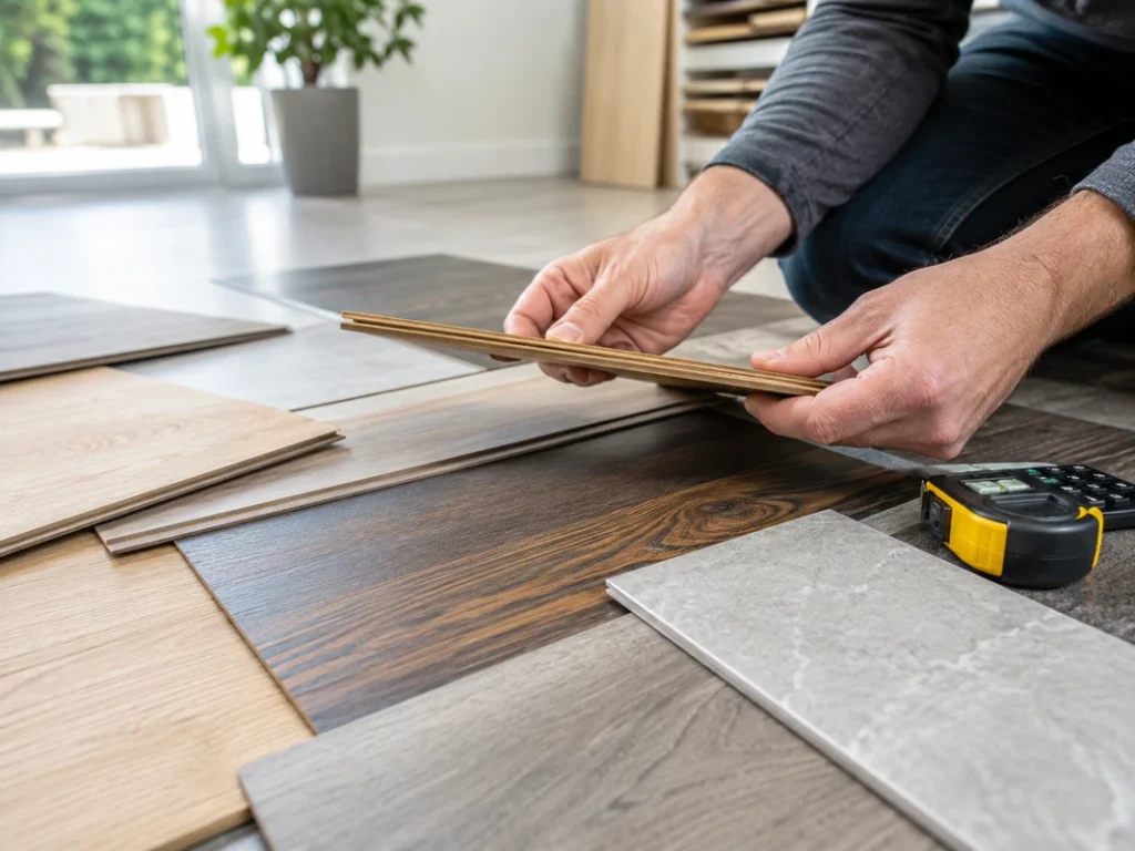 Person comparing vinyl and laminate flooring samples before purchase