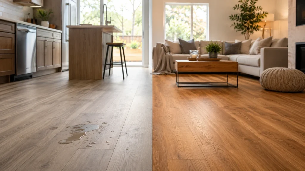 Vinyl flooring and laminate flooring compared side by side in a modern home interior