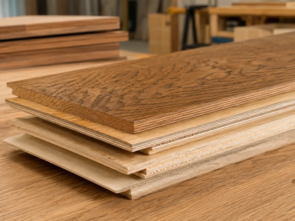 Engineered hardwood planks showing the real wood surface and layered construction