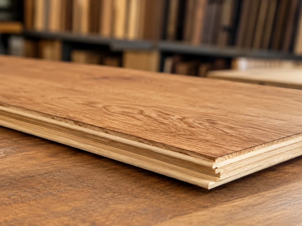Close-up of the genuine hardwood wear layer on an engineered flooring plank