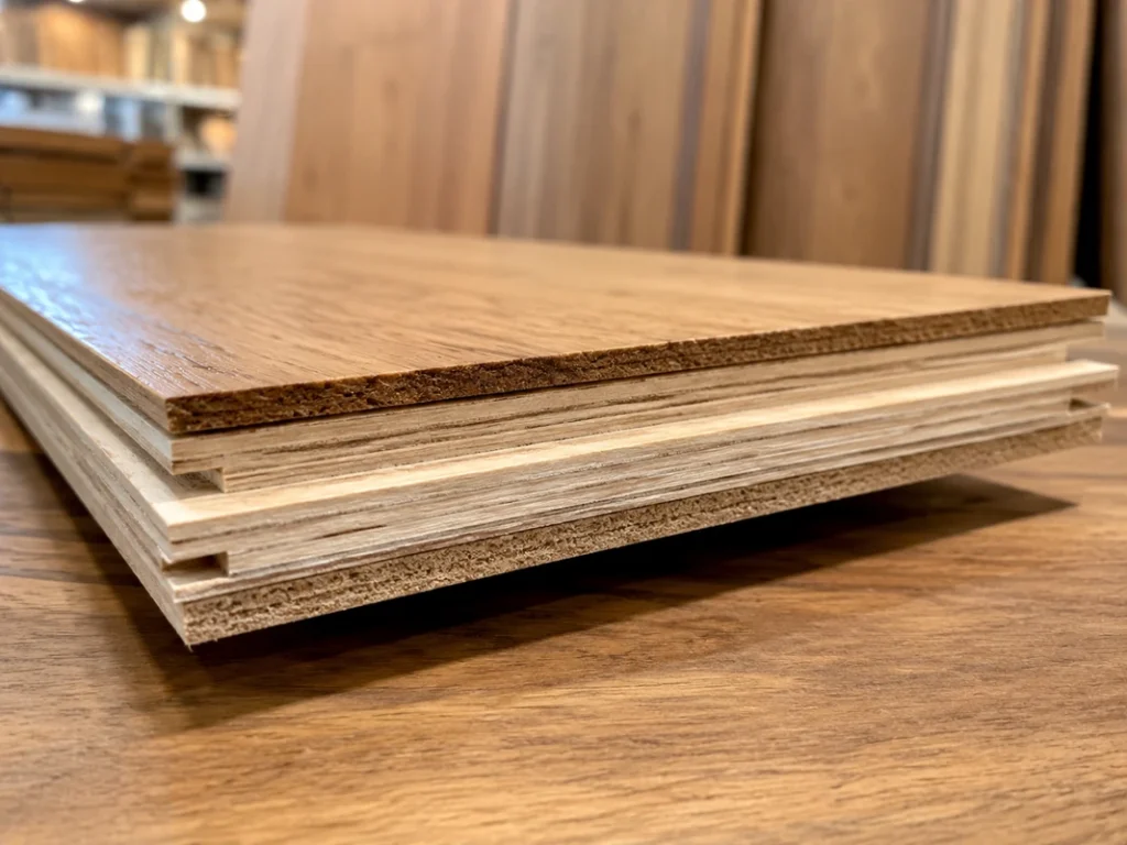 Engineered hardwood cross-section showing the multilayer core and backing layer