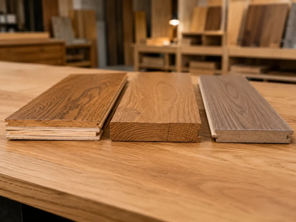 Engineered hardwood, solid hardwood and laminate flooring samples compared side by side