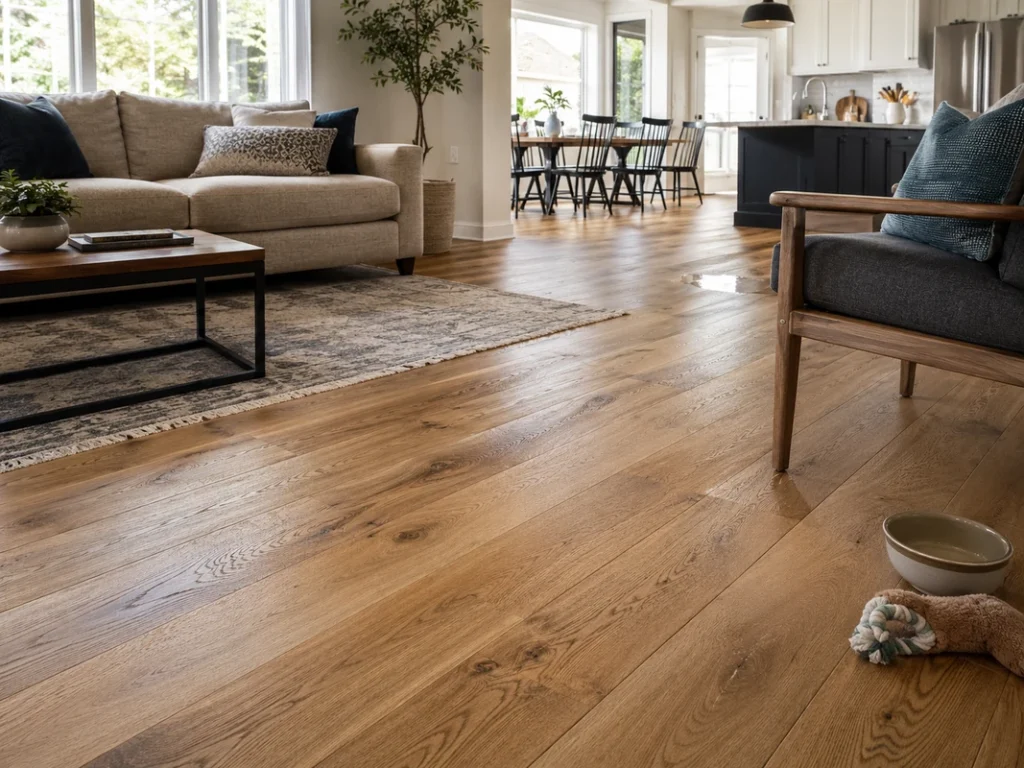 Engineered hardwood flooring in a modern home with subtle scratch and moisture risks