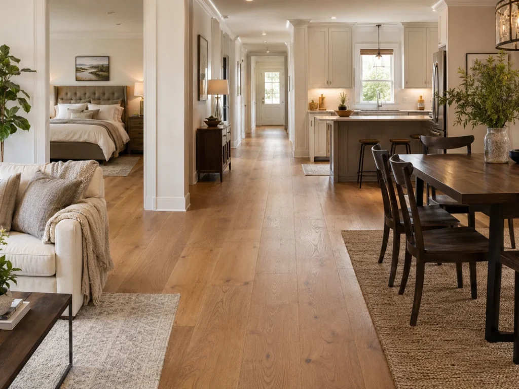 Engineered hardwood installed across a living room, bedroom, hallway, dining area and kitchen
