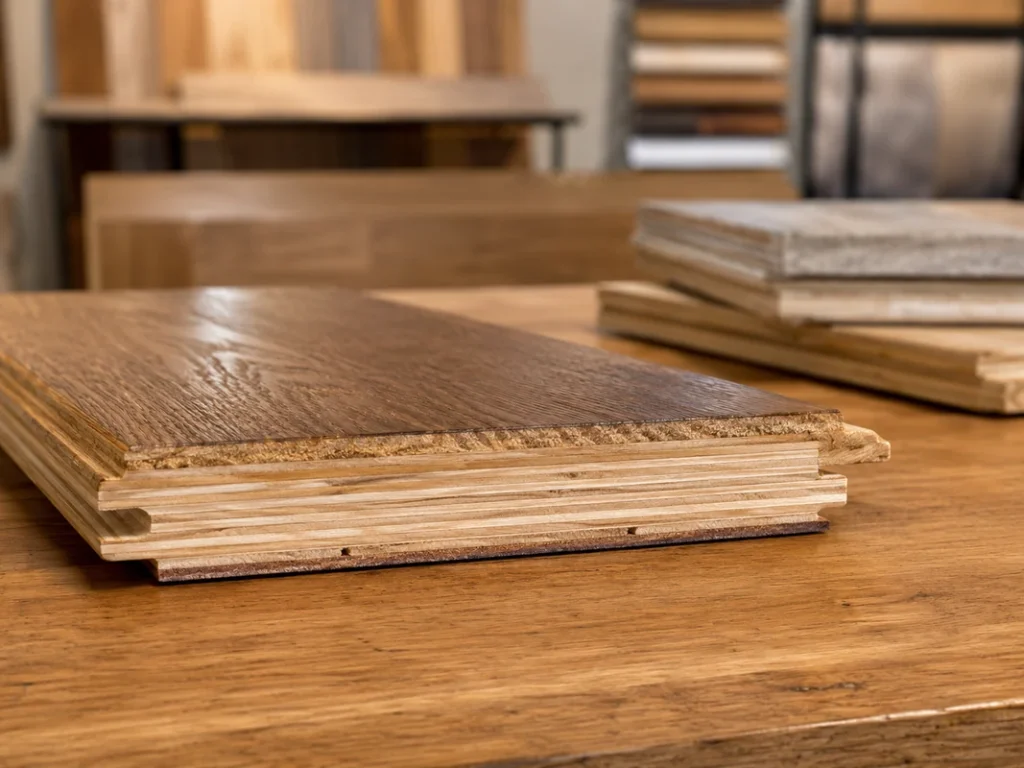 Close-up of a high-quality engineered hardwood plank with a balanced plywood core