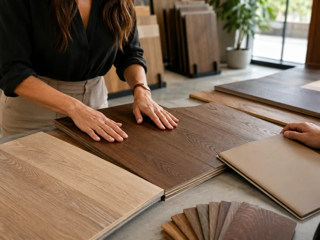 Customer reviewing the grain, finish and quality of engineered hardwood flooring samples