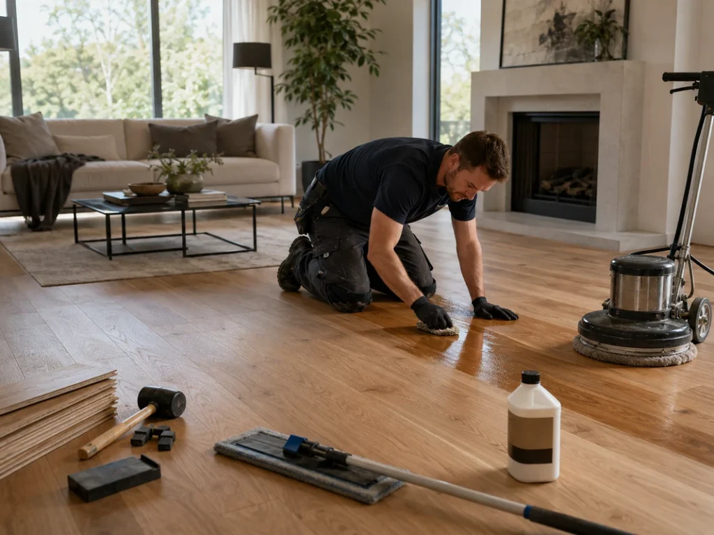 Professional installing, cleaning and refinishing engineered hardwood flooring in a modern living room