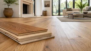Engineered hardwood flooring with layered plank samples in a modern living room