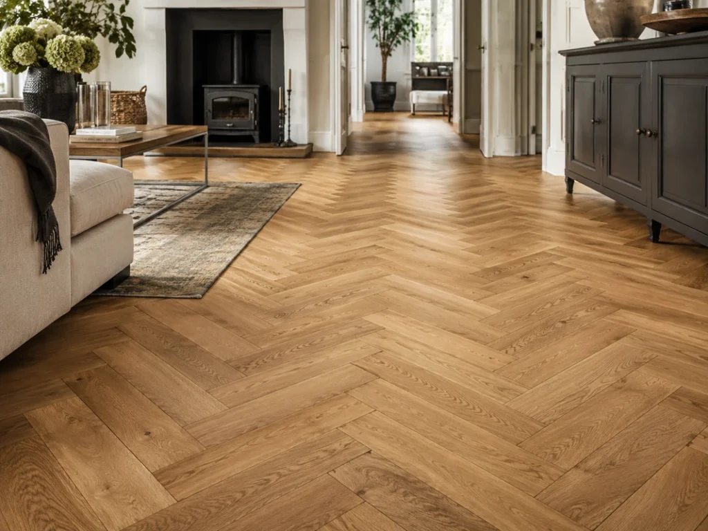 Close view of rectangular oak boards arranged in a traditional herringbone flooring pattern