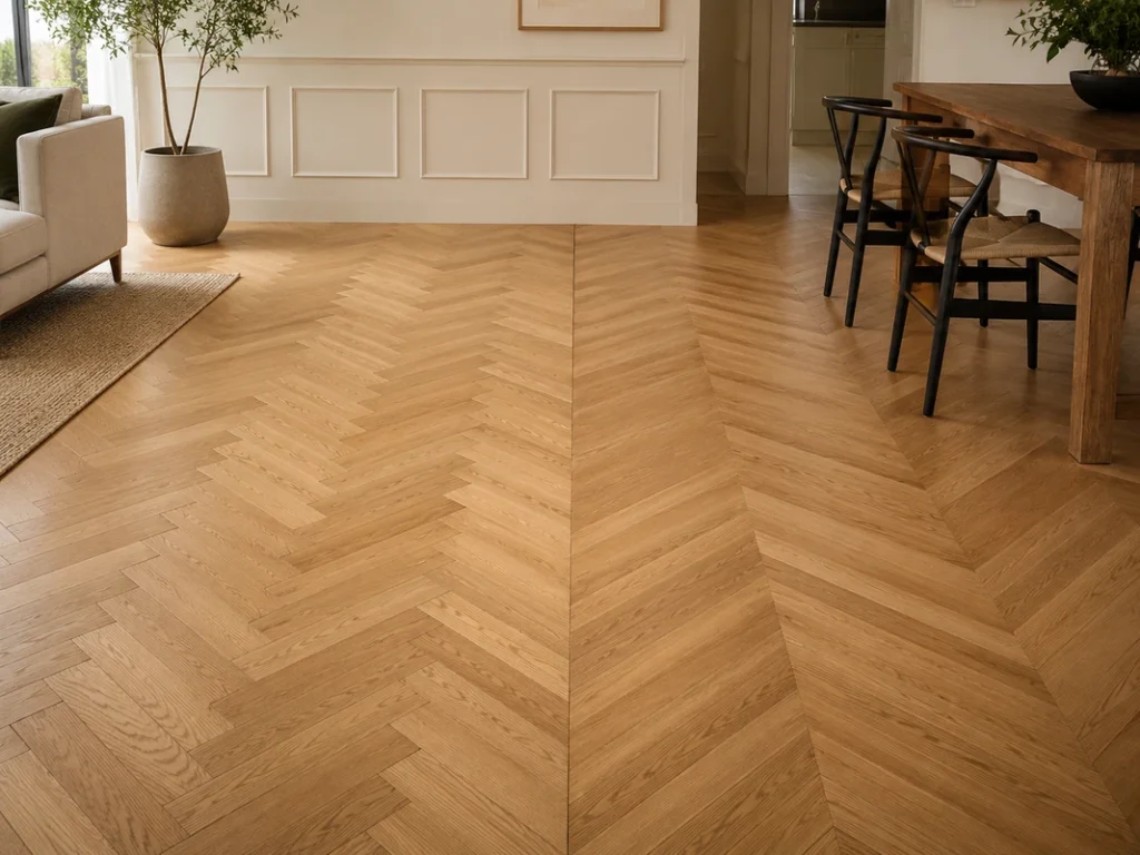 Side-by-side comparison of herringbone and chevron wood flooring patterns in a modern interior