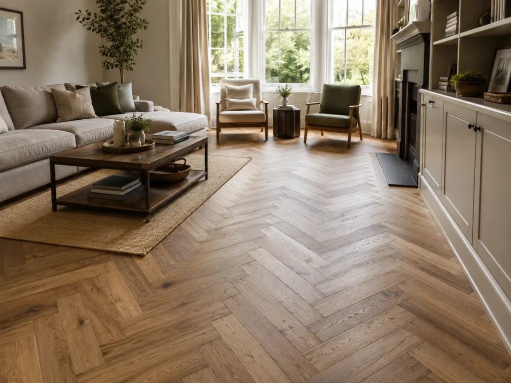 Warm herringbone wood flooring enhancing a spacious, naturally lit living room