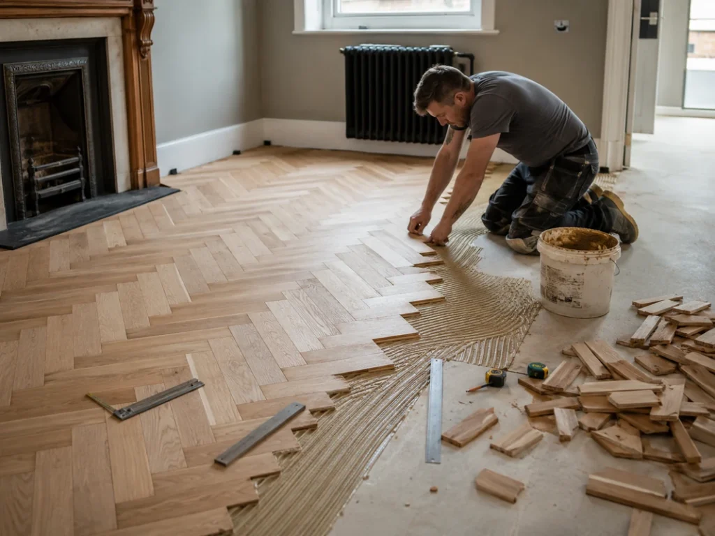 Professional installer fitting herringbone flooring with adhesive, tools and multiple board cuts