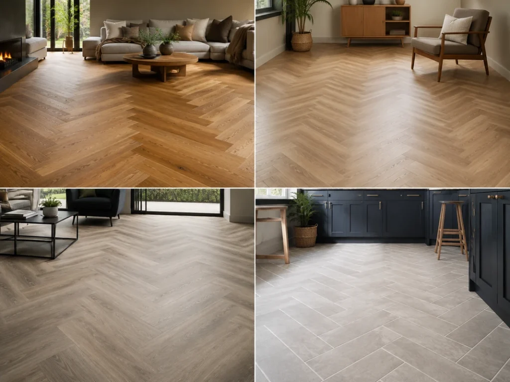 Four interior examples showing click, laminate, luxury vinyl and tile herringbone flooring