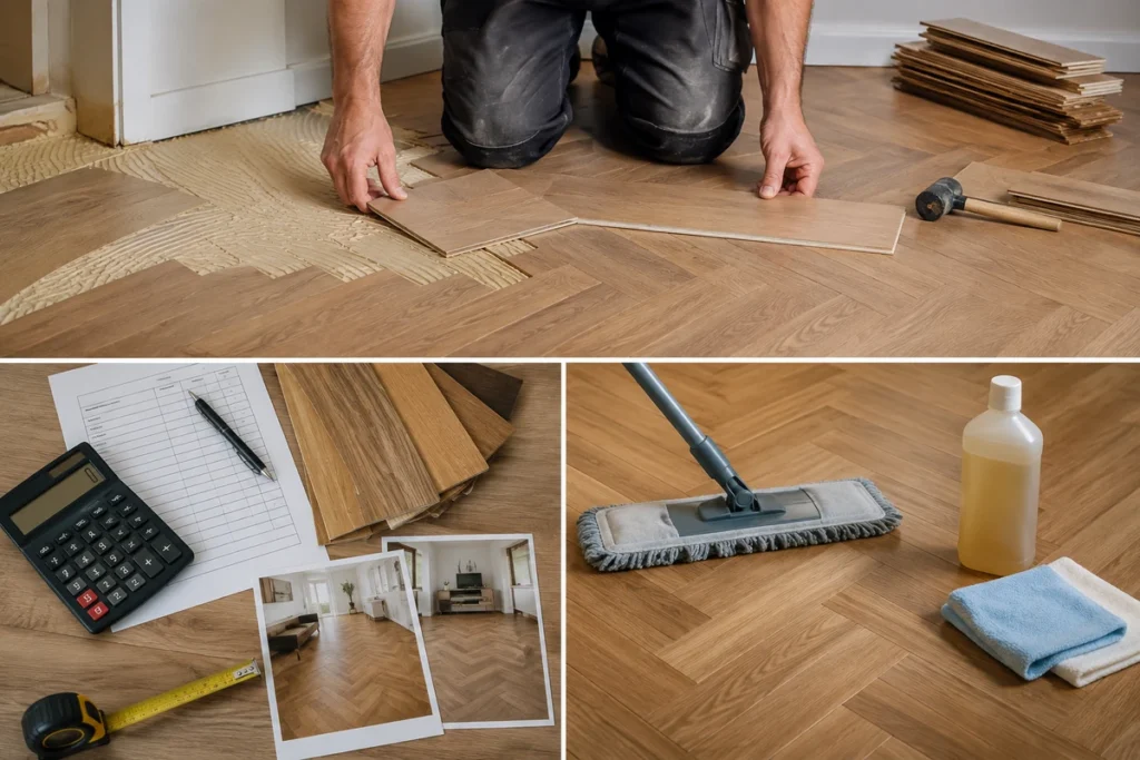 Herringbone flooring installation, cost planning and routine floor-cleaning equipment