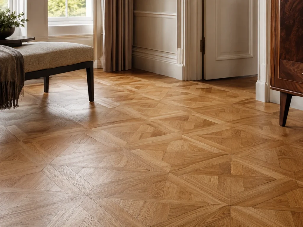 Decorative oak parquet flooring arranged in a classic geometric pattern inside an elegant, naturally lit room