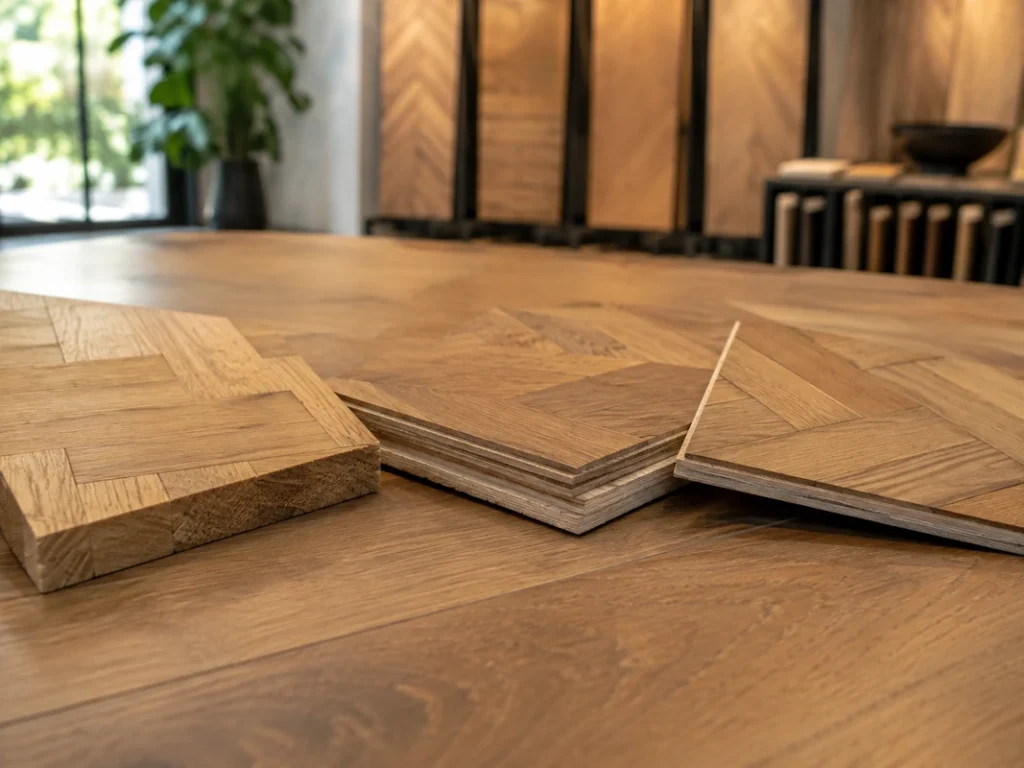 Solid wood, engineered wood and parquet-effect flooring samples showing their different layers and construction