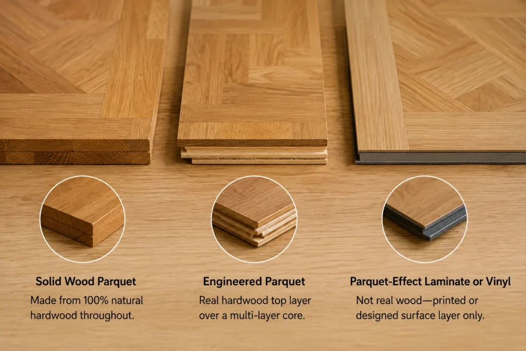 Side-by-side comparison of solid parquet, engineered parquet and wood-look laminate or vinyl flooring