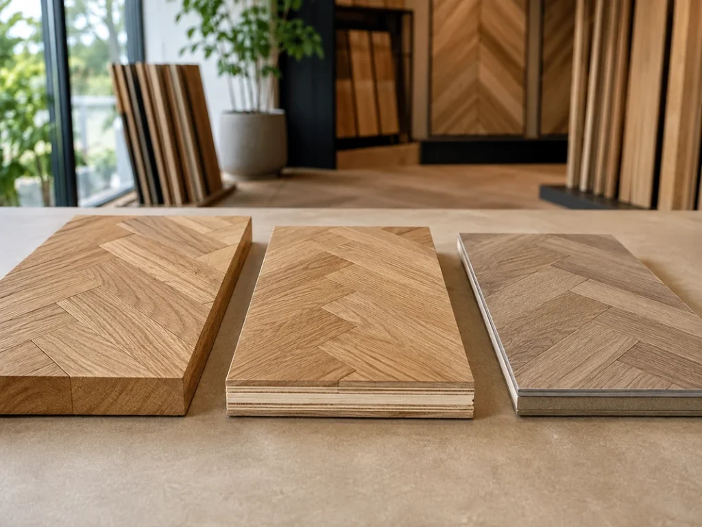 Three parquet flooring samples displaying solid wood, layered engineered wood and parquet-effect construction