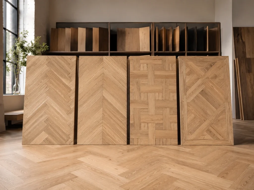 Oak flooring panels displaying herringbone, chevron, basketweave and Versailles parquet patterns